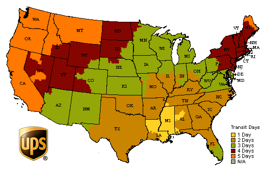 Map of the US showing transit times for UPS shipments